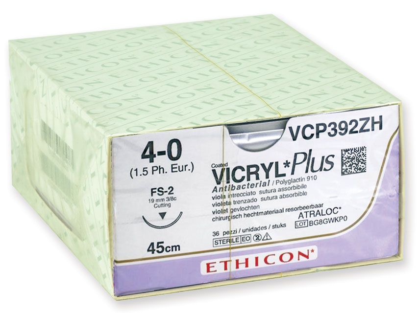 SUTURES ABSORBABLES VICRYL PLUS ETHICON - capacité 4/0 aiguille 19 mm - tressé - boîte de 36