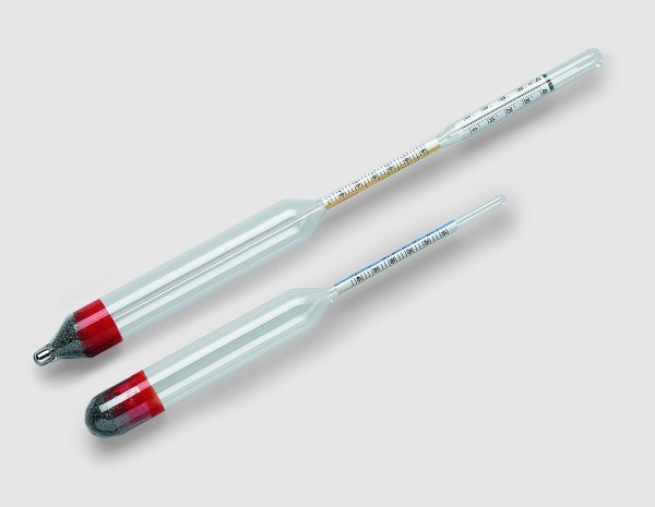 Lactodensimètres pour lait d’après Quevenne, échelle triple coloriée 1,015-1,040 : 0,001g/ml, T= 15 °C avec thermomètre 0-40 °C, env. (290 x 22) mm