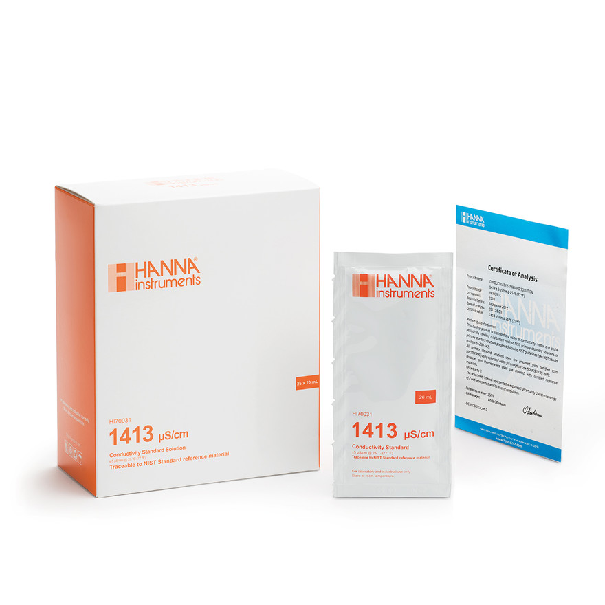 Solution d'étalonnage de conductivité à 1413 µS/cm, certificat d'analyse, 25 sachets de 20 mL