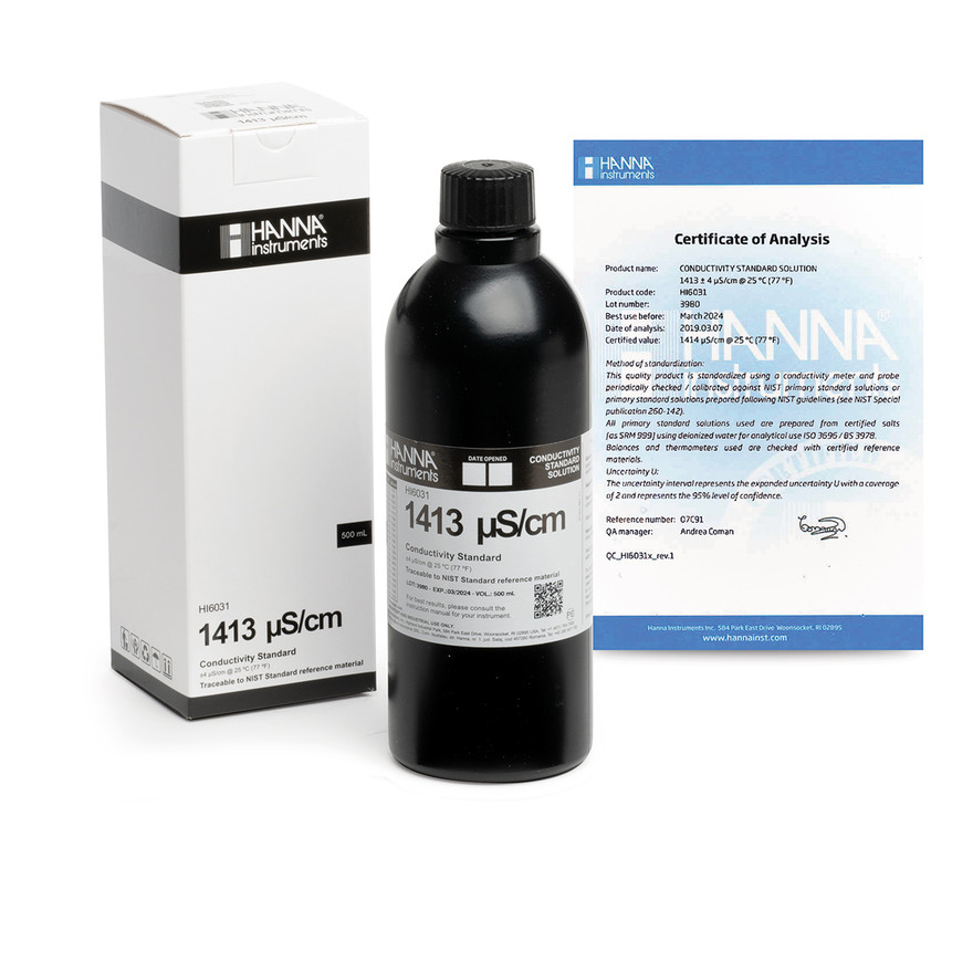 Solution d'étalonnage de conductivité à 1413 µS/cm, flacon bleu 500 mL, certificat d'analyse