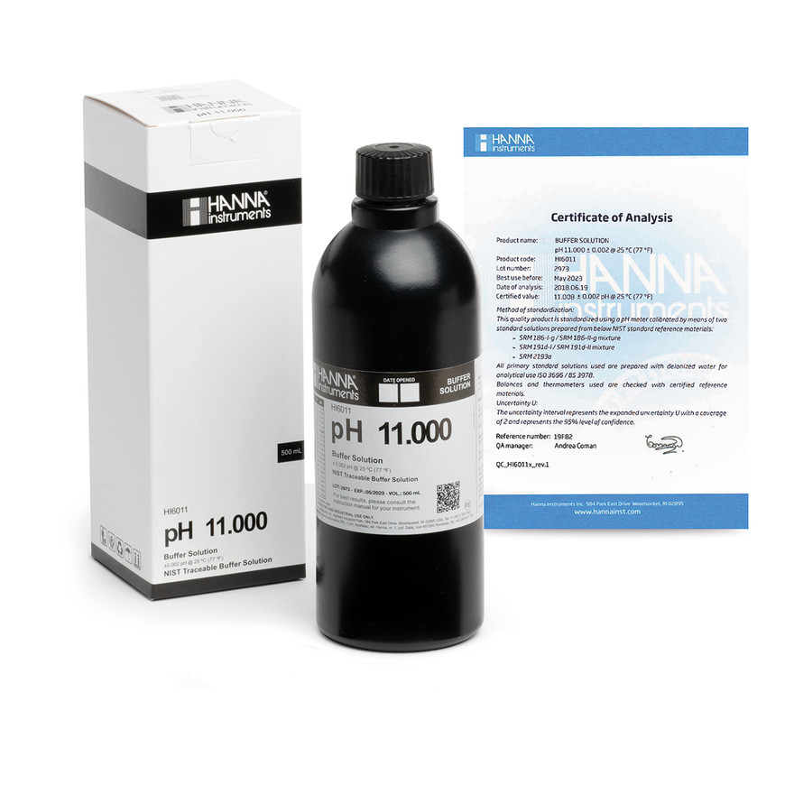 Solution tampon pH 11,000, ±0,002 pH, certificat d'analyse, bouteille 500 mL