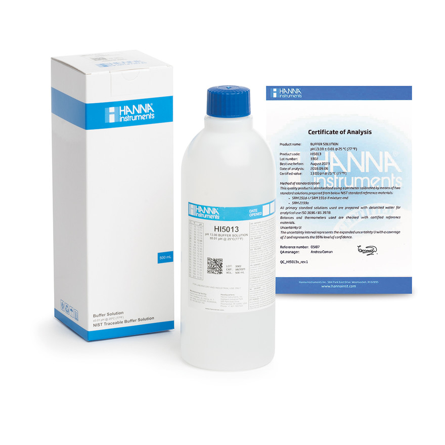 Solution tampon pH 13,00, ±0,01 pH, certificat d'analyse, bouteille 500 mL
