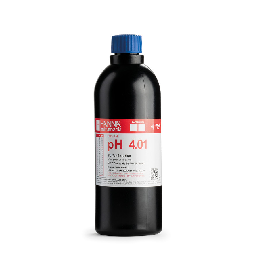 Solution tampon pH 4,01, certificat d'analyse, bouteille FDA 500 mL