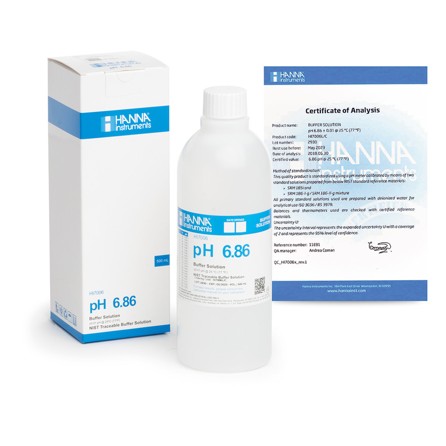 Solution tampon pH 6,86, certificat d'analyse, bouteille 500 mL