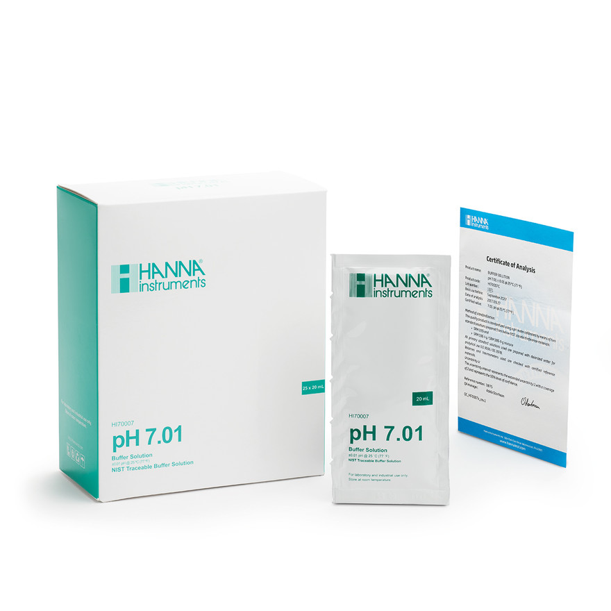 Solution tampon pH 7,01, certificat d'analyse, 25 sachets de 20 mL