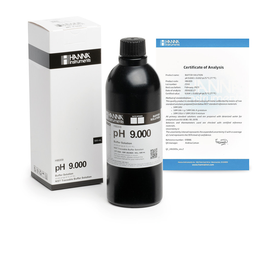 Solution tampon pH 9,000, ±0,002 pH, certificat d'analyse, bouteille 500 mL