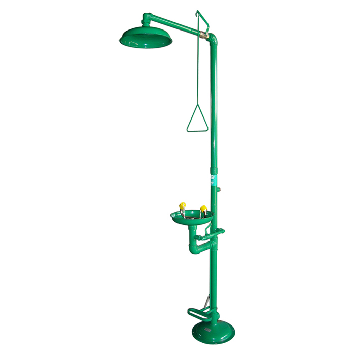 Combiné douche laveur d'yeux sur pied pour usage intérieur, avec pédale