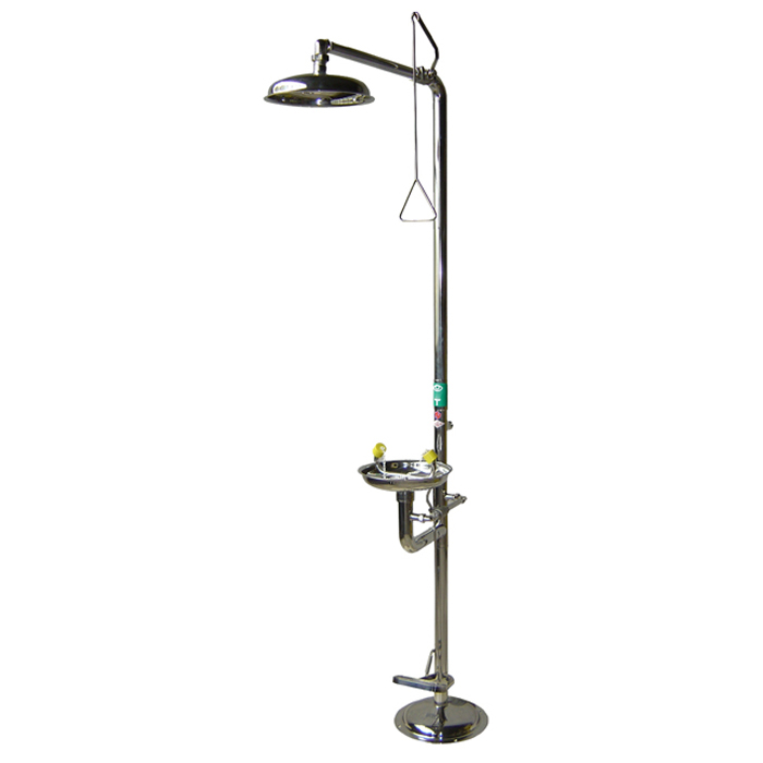 Combiné douche laveur d'yeux sur pied pour usage intérieur, en inox avec pédale