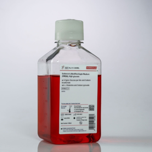Dulbecco's Modified Eagle Medium (DMEM), High glucose with 4.5gms Glucose per litre, 25mm HEPES buffer and Sodium bicarbonate without L-Glutamine and Sodium pyruvate