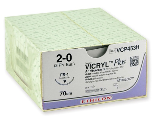 [22363] SUTURES ABSORBABLES VICRYL PLUS ETHICON - capacité 2/0 aiguille 24 mm - tressé - boîte de 36
