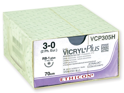 [22361] SUTURES ABSORBABLES VICRYL PLUS ETHICON - capacité 3/0 aiguille 17 mm - tressé - boîte de 36