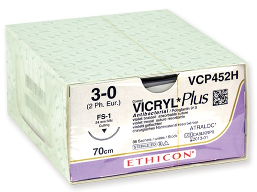 [22362] SUTURES ABSORBABLES VICRYL PLUS ETHICON - capacité 3/0 aiguille 24 mm - tressé - boîte de 36
