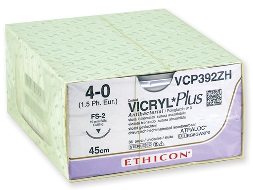 [22360] SUTURES ABSORBABLES VICRYL PLUS ETHICON - capacité 4/0 aiguille 19 mm - tressé - boîte de 36