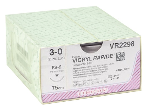 [22375] SUTURES ABSORBABLES VICRYL RAPID ETHICON - capacité 3/0 aiguille 19 mm - tressé - boîte de 36