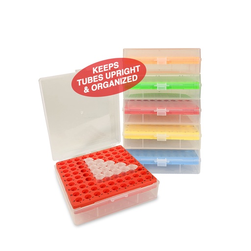 [108100302] Boîte de rangement BetterBox™ avec couvercle à charnière, 81 microtubes de 1,5 ml/2,0 ml, couleurs assorties - boîte de 5