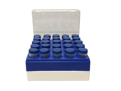 [108100107] Boîte de stockage Cryo, polycarbonate, pour 25 (5x5) tubes de 5mL