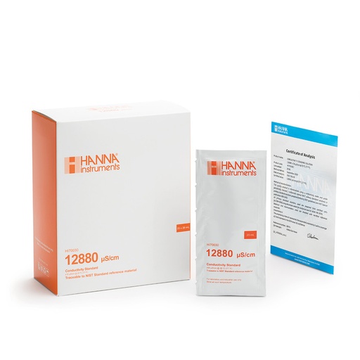 [144HI70030C] Solution d'étalonnage de conductivité à 12,88 mS/cm, certificat d'analyse, 25 sachets de 20 mL