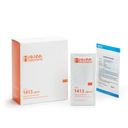 [144HI70031C] Solution d'étalonnage de conductivité à 1413 µS/cm, certificat d'analyse, 25 sachets de 20 mL