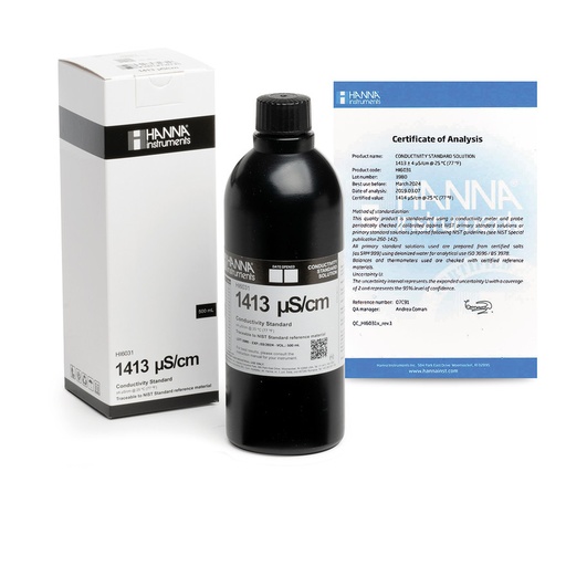[144HI6031] Solution d'étalonnage de conductivité à 1413 µS/cm, flacon bleu 500 mL, certificat d'analyse