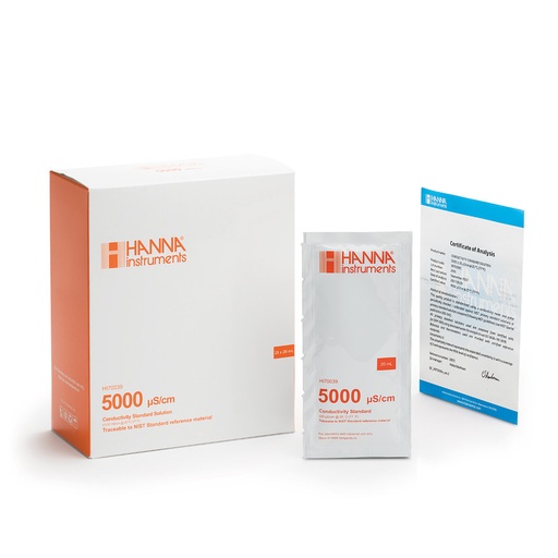 [144HI70039C] Solution d'étalonnage de conductivité à 5,00 mS/cm, certificat d'analyse, 25 sachets de 20 mL