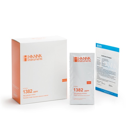 [144HI70032C] Solution d'étalonnage TDS à 1382 mg/L, certificat d'analyse, 25 sachets de 20 mL