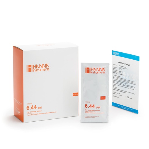 [144HI70038C] Solution d'étalonnage TDS à 6,44 g/L, certificat d'analyse, 25 sachets de 20 mL