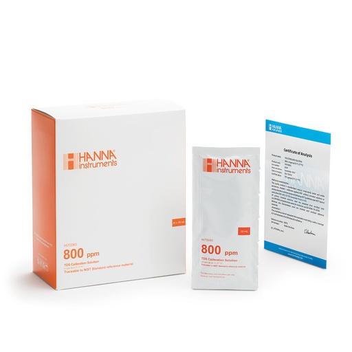 [144HI70080C] Solution d'étalonnage TDS à 800 mg/L, certificat d'analyse, 25 sachets de 20 mL