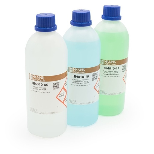 [144HI4010-30] Solution étalons 1 mg/L, 10 mg/L fluorures et TISAB II (x 4), 500 mL