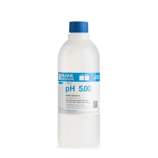 [144HI5005] Solution tampon colorée pH 5,00, ±0,01 pH, certificat d'analyse, bouteille 500 mL