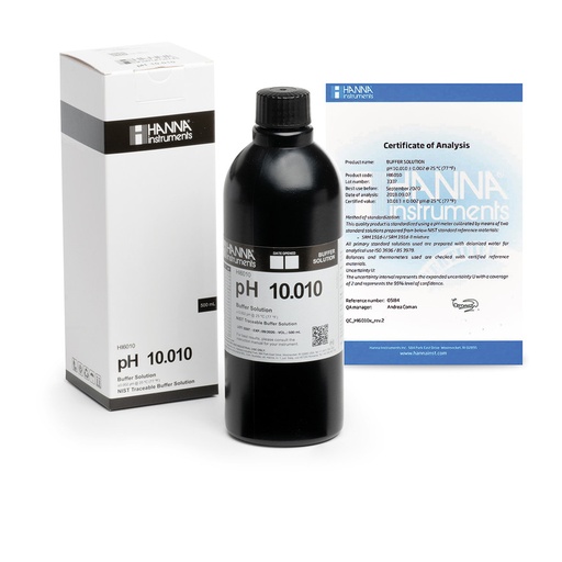 [144HI6010] Solution tampon pH 10,010, ±0,002 pH, certificat d'analyse, bouteille 500 mL