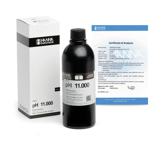 [144HI6011] Solution tampon pH 11,000, ±0,002 pH, certificat d'analyse, bouteille 500 mL