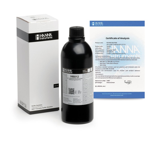 [144HI6012] Solution tampon pH 12,000, ±0,002 pH, certificat d'analyse, bouteille 500 mL