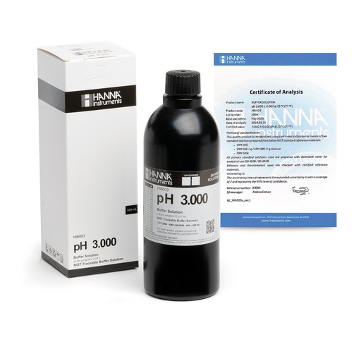 [144HI6003] Solution tampon pH 3,000, ±0,002 pH, certificat d'analyse, bouteille 500 mL