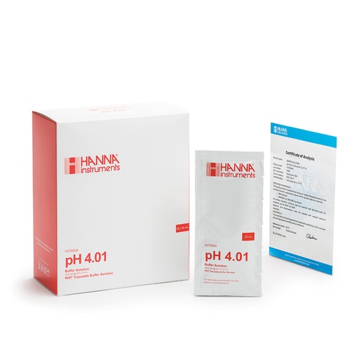 [144HI70004C] Solution tampon pH 4,01, certificat d'analyse, 25 sachets de 20 mL