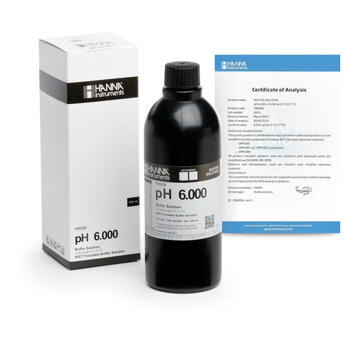 [144HI6006] Solution tampon pH 6,000, ±0,002 pH, certificat d'analyse, bouteille 500 mL