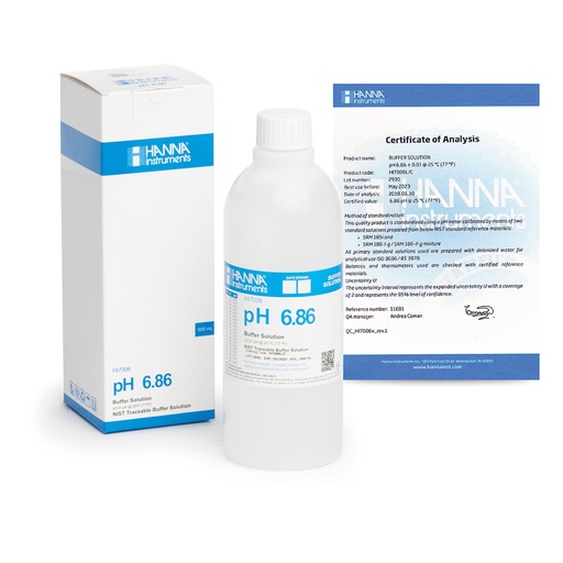 [144HI7006L/C] Solution tampon pH 6,86, certificat d'analyse, bouteille 500 mL