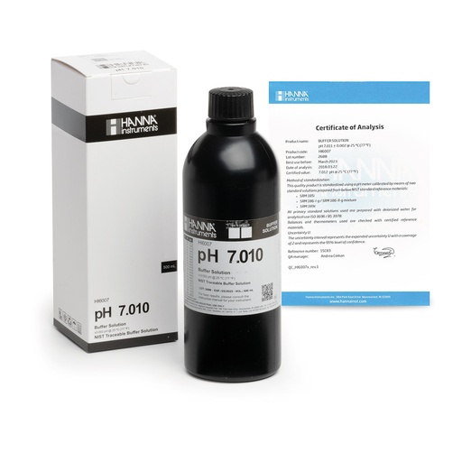 [144HI6007] Solution tampon pH 7,010, ±0,002 pH, certificat d'analyse, bouteille 500 mL