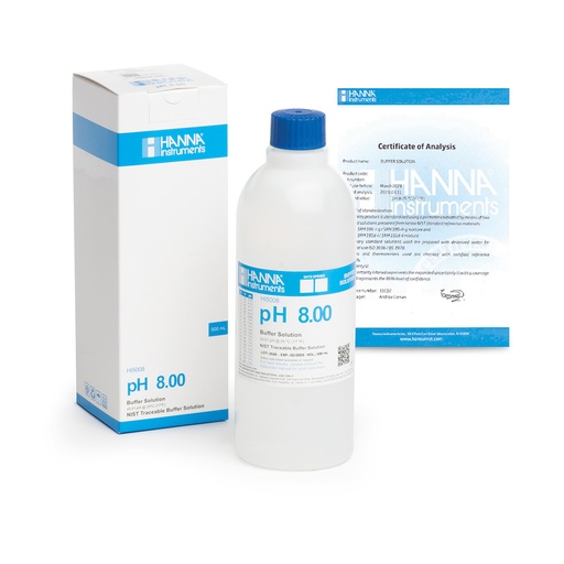[144HI5008] Solution tampon pH 8,00, ±0,01 pH, certificat d'analyse, bouteille 500 mL