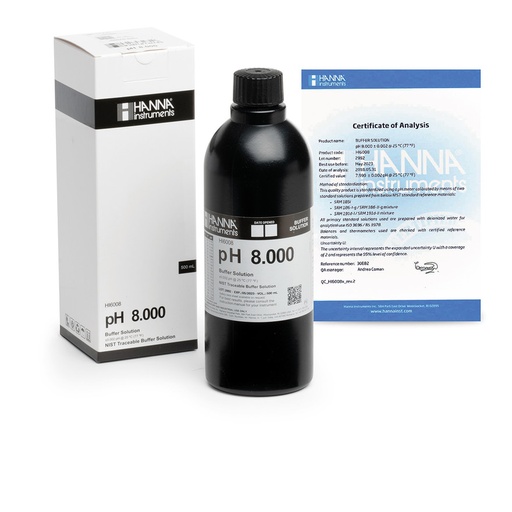 [144HI6008] Solution tampon pH 8,000, ±0,002 pH, certificat d'analyse, bouteille 500 mL