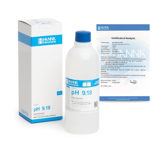 [144HI5091] Solution tampon pH 9,18, ±0,01 pH, certificat d'analyse, bouteille 500 mL