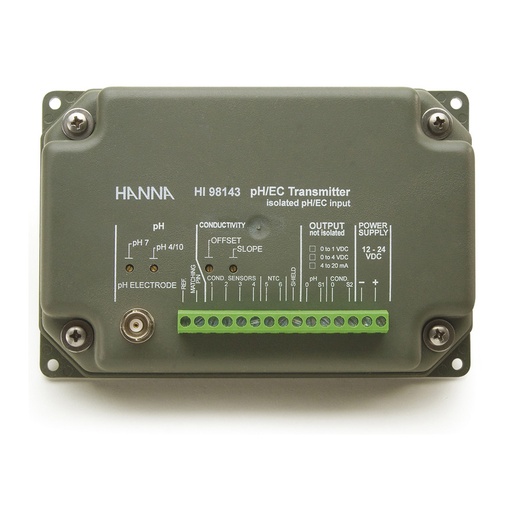 [144HI98143-22] Transmetteur pH/EC avec entrées directes pour sondes, sortie isolée, 4-20 mA alimentée, 12 V