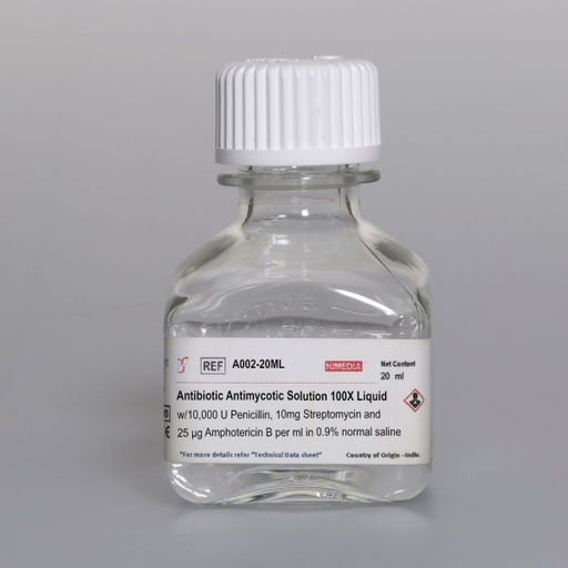 Antibiotic Antimycotic Solution 100X Liquid without 10,000 U Penicillin, 10mg Streptomycin and 25 µg Amphotericin B per ml in 0.9% normal saline 