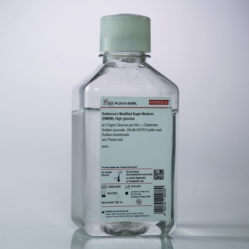 [AL241A-500ML] Dulbecco’s Modified Eagle Medium (DMEM), High glucose with 4.5gms Glucose per litre, L-Glutamine, Sodium pyruvate, 25mm HEPES buffer and Sodium bicarbonate without Phenol red