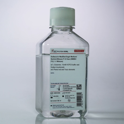[AL215A-500ML] Dulbecco's Modified Eagle Medium/Nutrient Mixture F-12 Ham (DMEM / F12, 1:1 Mixture) with L-Glutamine, 15mm HEPES buffer and Sodium bicarbonate without Phenol red and Trace elements