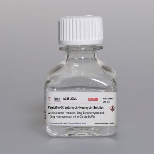 [A028-5x20ML] Penicillin-Streptomycin-Neomycin Solution with 5000 units Penicillin, 5mg Streptomycin and 10mg Neomycin per ml in Citrate buffer
